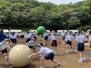 1年生「大玉転がし」大玉を転がしでハードルでは持ち上げます