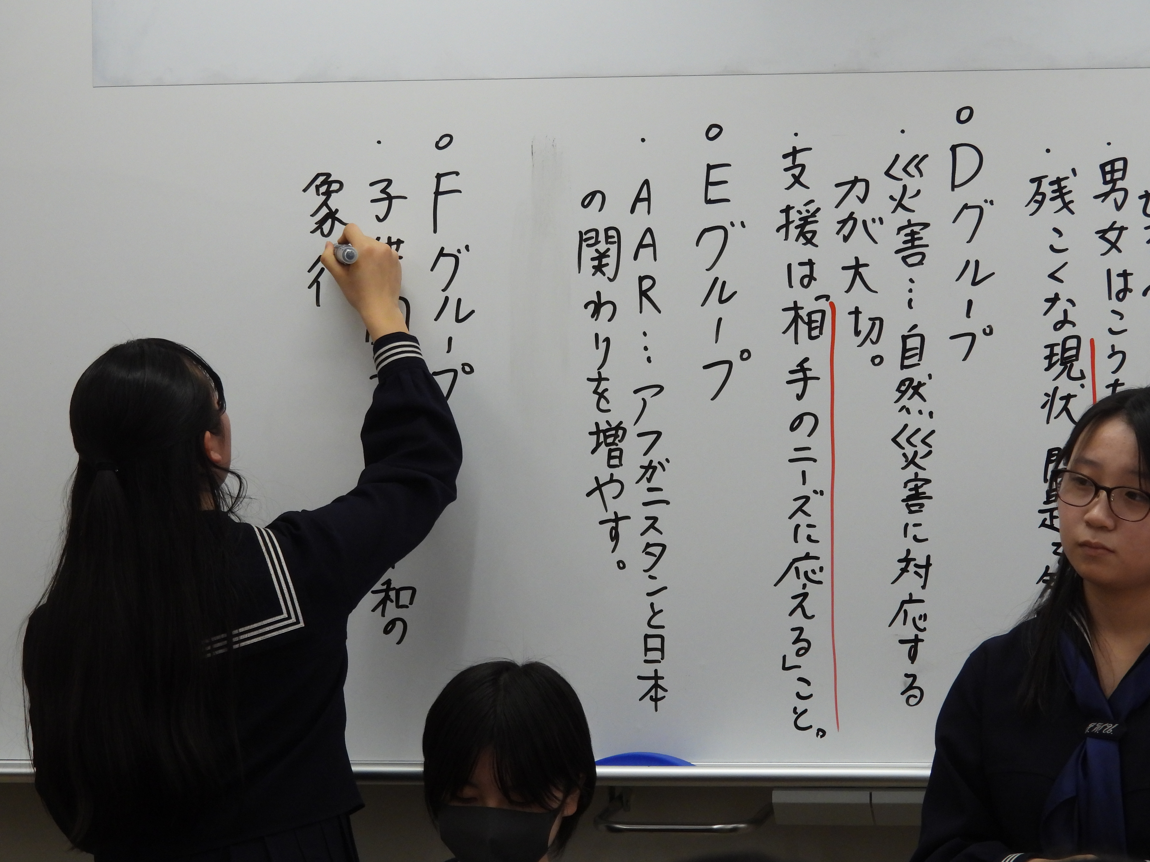 クラスに戻って各グループの報告と意見交換会を行いました