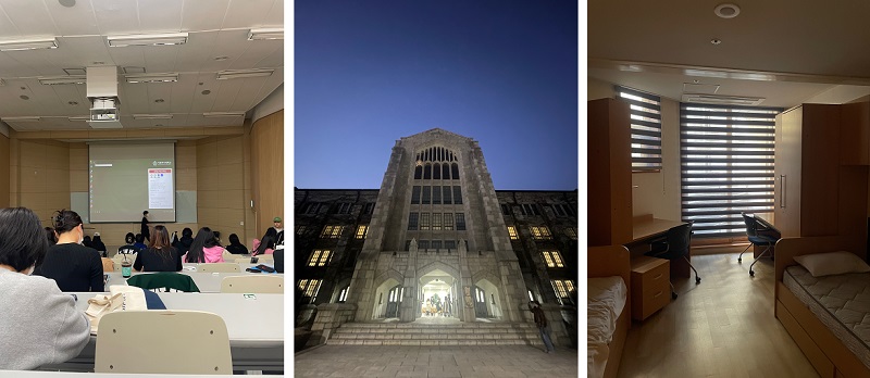 写真左から 授業を受けていた教室/梨花女子大学の大講堂/大学構内にある2人部屋の寮で10か月間過ごした