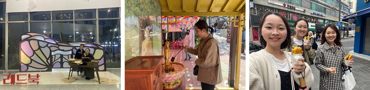 写真左から 今回の留学でできた韓国の友人とミュージカルに/プサン旅行中、お寺で手を清める岡野さん/プサンで友人とホットグを食べ歩き