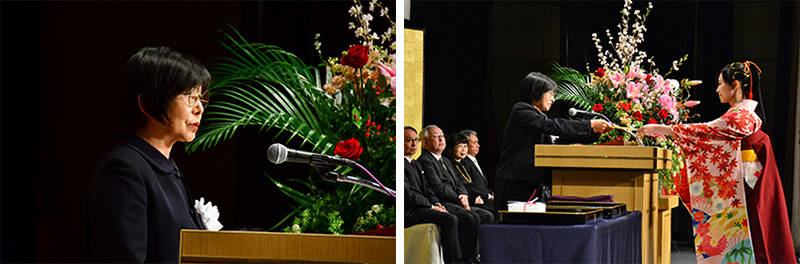 （写真左）告辞を行う篠原学長（写真右）成瀬仁蔵先生記念賞授与