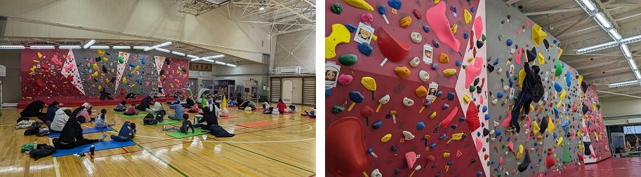 怪我無くクライミングを行うため全員でストレッチ/デモンストレーションを行う学生スタッフ