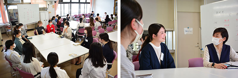 写真左から　25年エームサービスに勤める管理栄養士の本間さんをはじめ、卒業生以外のエームサービスの皆さまからもお話を伺った／質問する在学生（中央）