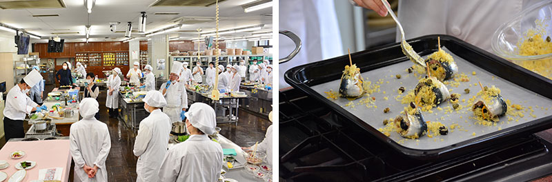 写真左から　シェフの手元を頭上のモニターに映して学ぶ／鰯のオーブン焼き。焼きあがると香ばしい匂いが教室中に広がった