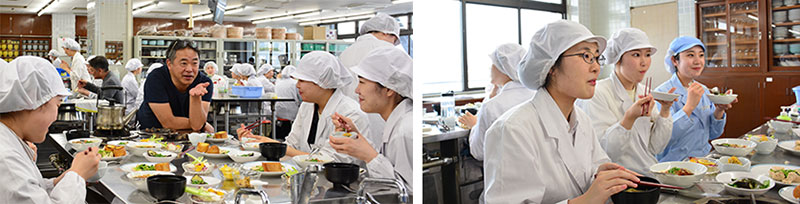 写真左から　エームサービス取締役の紅林氏と学生／試食する学生