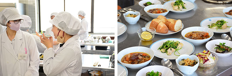 写真左から　調理中の味見／学生が調理したもの