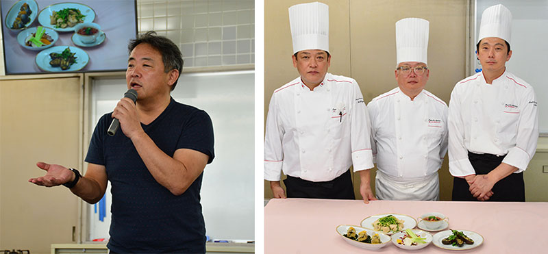 写真左から　エームサービス取締役の紅林氏／料理教室でご指導いただいた3名のシェフ（中央が石井シェフ、左が日暮シェフ、右が佐藤シェフ）