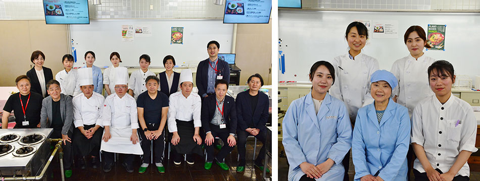 写真左から　今回のワークショップにお越しいただいたエームサービスの皆さま／卒業生と松月教授