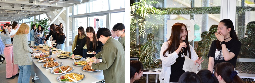 写真左から 軽食からスイーツまでバイキング形式で並べられた／新入学の留学生（右）を紹介する日本人学生（左）