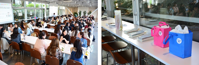 写真左から　歓談の様子／抽選会の景品となったプレゼント