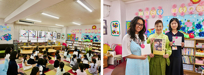 （左）子供たちと一緒に正座と挨拶を学ぶ2人　（右）一生懸命小謡を平仮名で便箋に書き写し、和泉淳子さんに見ていただきました 