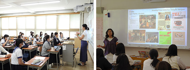 （左）中学校のジェンダーを考える授業に立つジャバオさん　（右）高校でマサチューセッツ州での大学生活を紹介するドーンさん