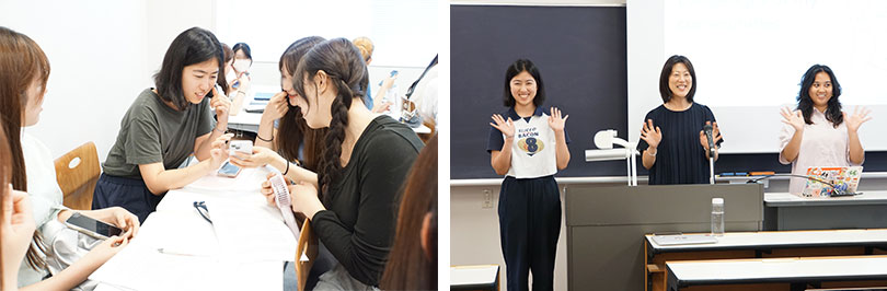 （左）国際文化学科の授業では、学生と自己紹介で話した趣味の話で盛り上がりました　（右）英文学科高梨先生に紹介され、和気あいあいとした雰囲気で授業をしました
