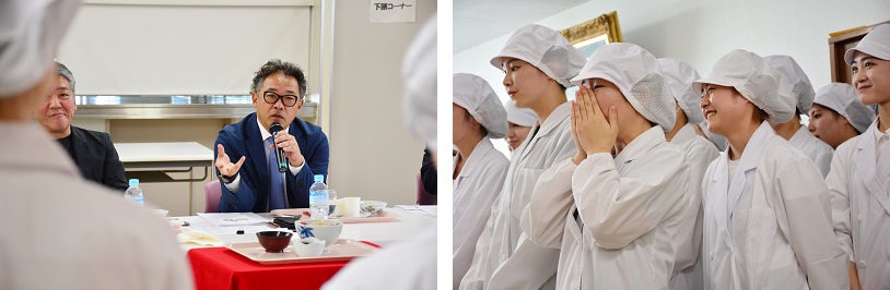 写真左から　講評するエームサービス取締役の紅林氏／受賞に喜び思わず涙する学生