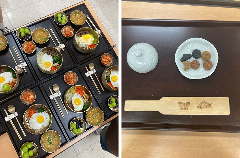 左)ビビンパ体験 右)茶道体験で作ったお菓子