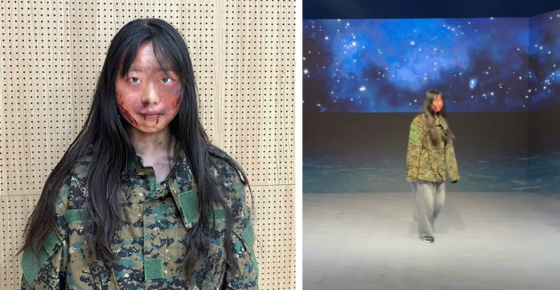 左)ゾンビメイクをした中村さん 右)ゾンビの演技をする様子