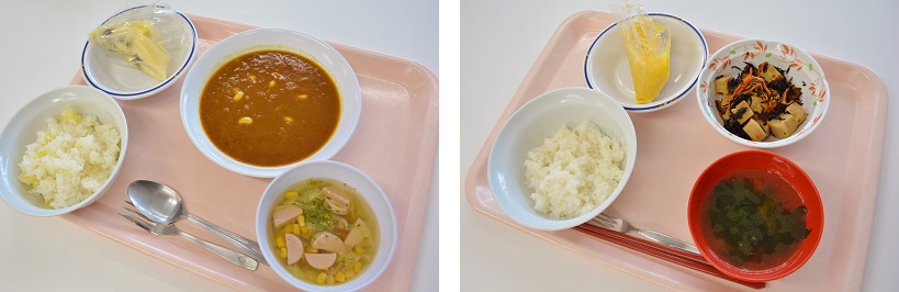 提供メニュー (写真左)じゃがいもご飯、豆カレー、コンソメスープ、チョコ蒸しパン/(写真右)白米、高野豆腐とひじきと焼き鳥缶の煮物、ツナわかめスープ、野菜ジュース蒸しパン