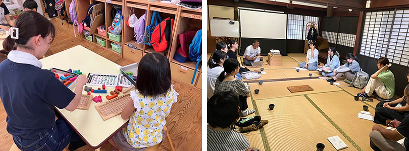 左：西ノ島みた保育園で活動している様子（岩田さん）　右：村上家資料館（株）風と土と講義風景