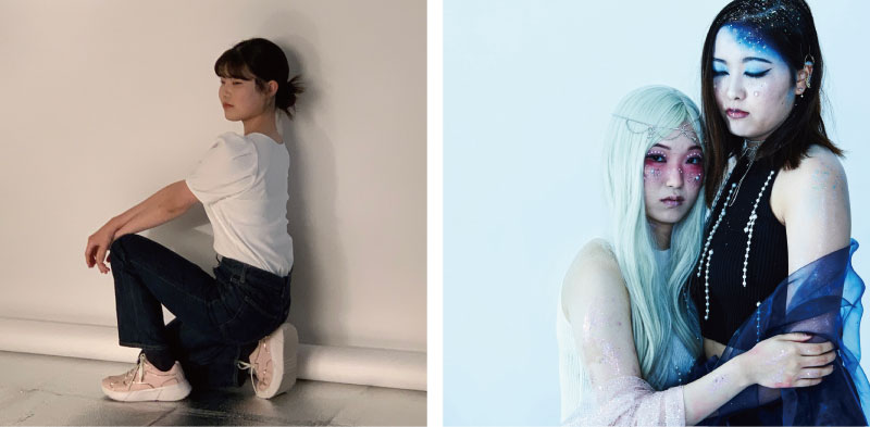 （写真左）スタジオでモデルを体験する鈴木さん （写真右）テーマ撮影「ギャラクシー＆SF」に挑戦する永田さん（左）