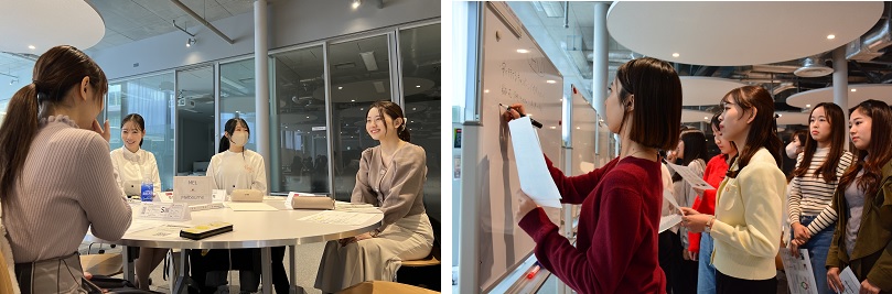写真左から 学生がグループワークでアイデアを出す/アイデアをホワイトボードに書き込む