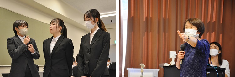 報告会にて、会場からの質問に回答する大柳さん、岩間さん、邨田さん/臨地実習Ⅰの指導をし、報告会を進行する松月教授