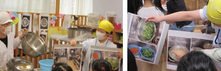 5歳児クラスで写真や調理器具を見せながら給食室を紹介した