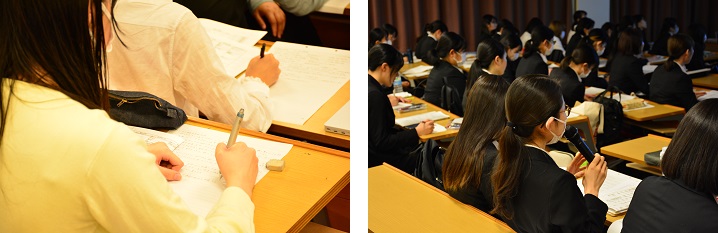 写真左から 発表を聞いてメモを取る3年生/質問をする4年生