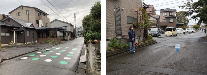 （写真左）実際の生活道路に路面装飾を設置（写真右）道路に立ち実験案内をする学生