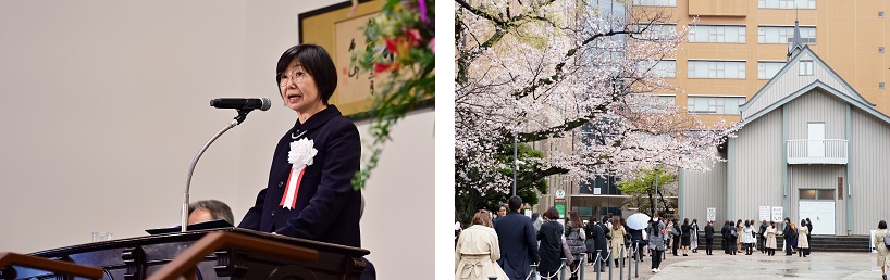 （写真左）式辞を述べる篠原学長（写真右）入学生で賑わうキャンパス