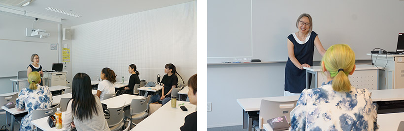 左:質問タイムは一層和やかな雰囲気に 右:学生1人ひとりに向き合って質問に答えるLee教授