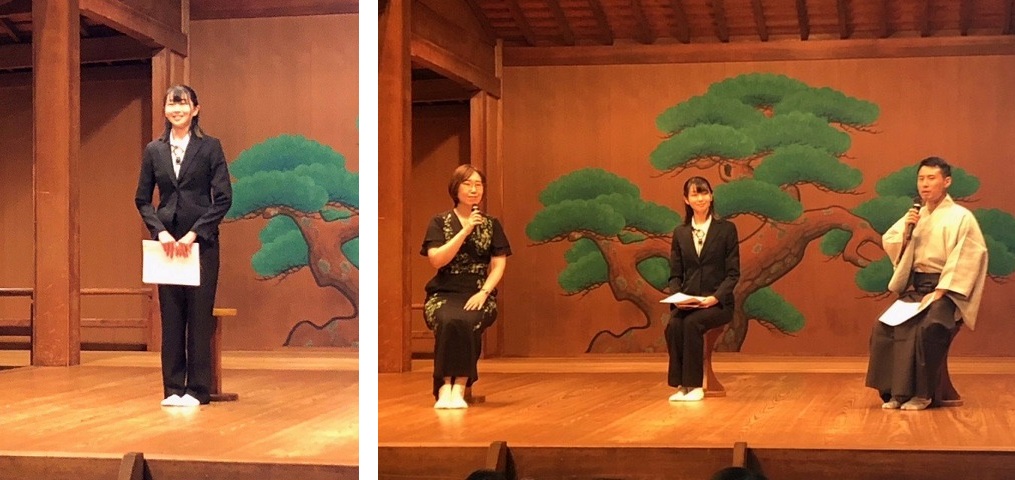 写真左から　モデレーターをつとめる金井さん　／　劇作家・脚本家 長田育恵氏と、シテ方宝生流第二十代宗家 宝生和英氏