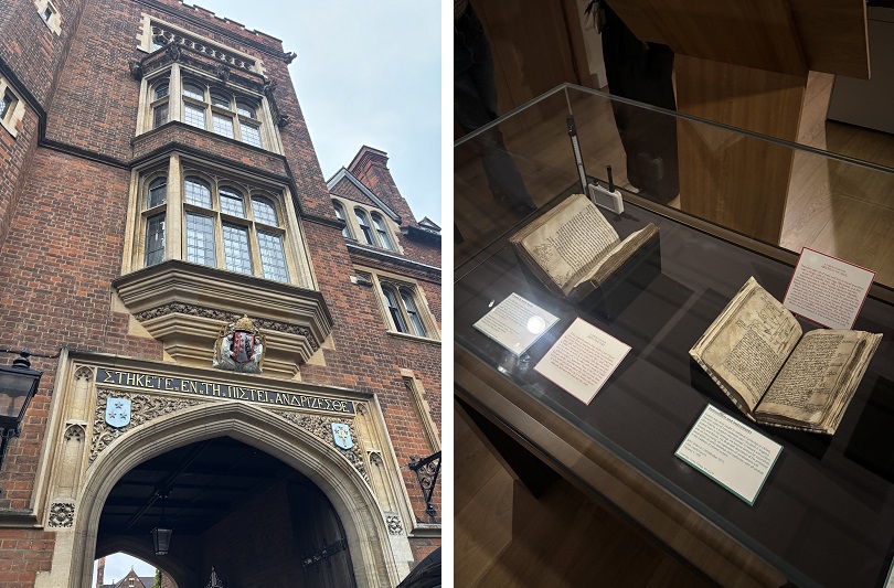 写真左から　ケンブリッジ大学図書館外観／図書館に展示された貴重書