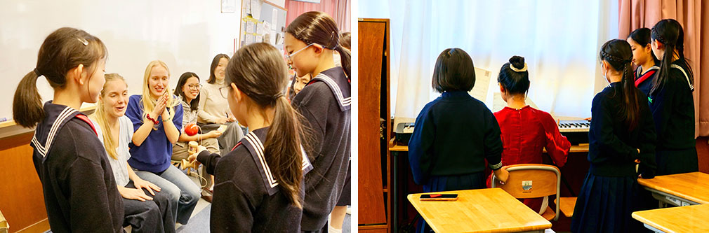 左：児童がけん玉を披露して盛り上がった　右：ピアノを披露する留学生の周りに自然と児童が集まる