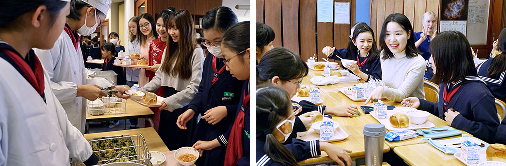 左：初めての給食配膳の列に並ぶ留学生たち　右：留学生と話しながら給食を楽しむ