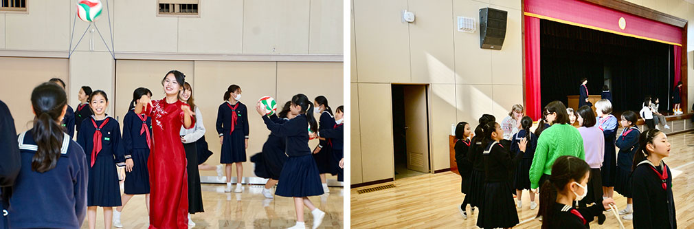 左：ドッヂボールに参加する留学生　右：児童に遊びに誘われる留学生たち