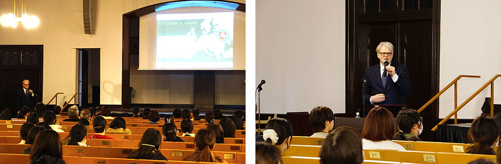 （左）貴重な講演には一般参加者も駆けつけた　（右）リトアニアを紹介するジーカス大使