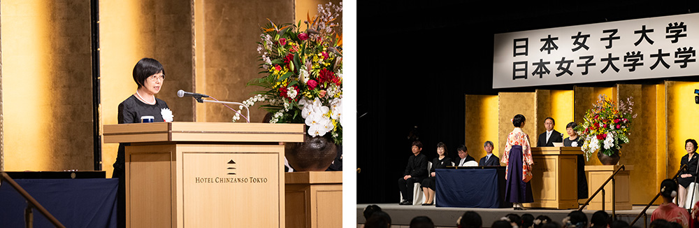 （写真左）告辞を述べる篠原学長（写真右）成瀬仁蔵先生記念賞授与