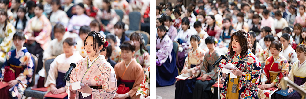 （写真左）答辞を読む中野さん（写真右）答辞を読む細野さん