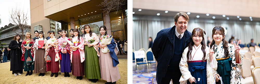 （写真）それぞれの研究室で、またお世話になった先生と写真撮影