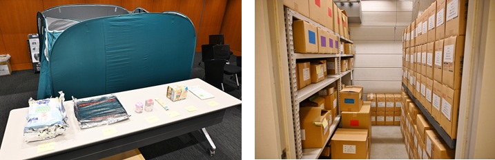 写真左から 備蓄物資の展示／地下1階の備蓄倉庫