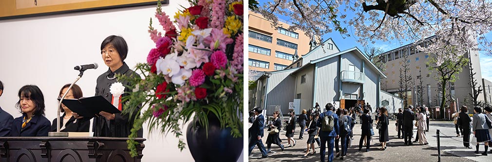 （写真左）式辞を述べる篠原学長（写真右）新入生で賑わうキャンパス