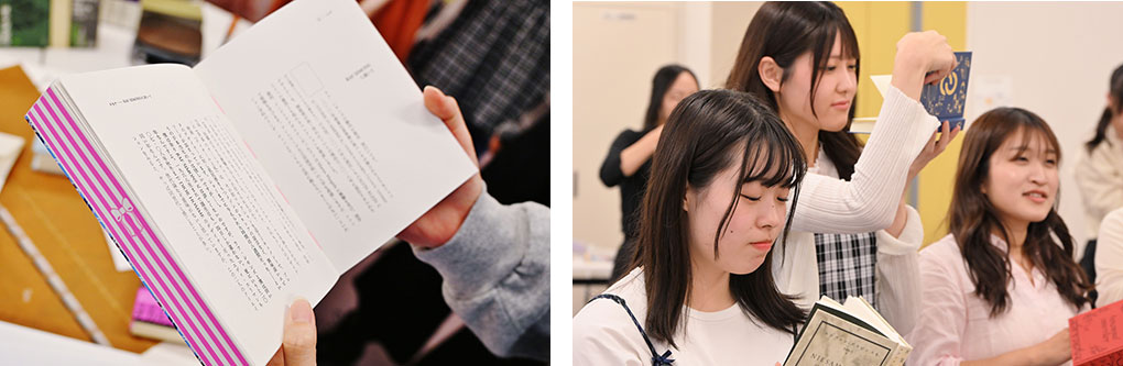 写真左から　小口にシルク印刷でリボンがあしらわれた『ロリータ・ファッション』／ページをめくる際に匂いを楽しめるのも紙の本ならでは。学生は「本によって全然匂いが違う！」と話す