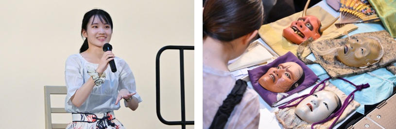 写真左から　能衣装を体験した学生／授業にて紹介いただいた能面