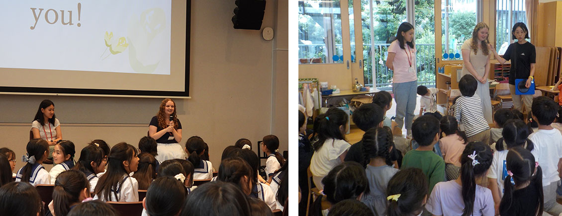 （1枚目）中学校での交流会の様子／（2枚目）幼稚園で園児に挨拶する様子