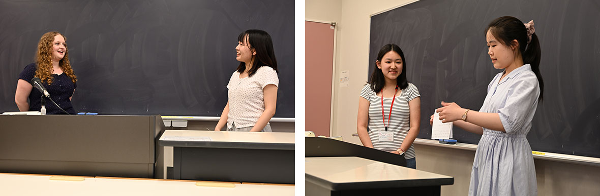 メーブさんとイザベラさんへの質問の回答をもとに、2人の他己紹介をする学生たち（英文学科の授業）