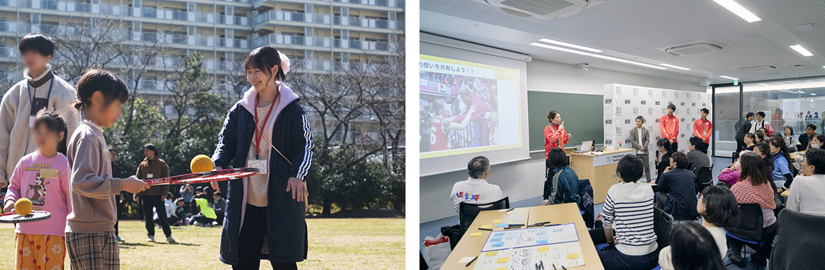 （左）「わくわくデフスポーツ体験」にスタッフとして参加した松田さん　（右）日本財団ボランティアセンターのイベントで、デフアスリートの手話を、マイクで参加者に向け通訳をする松田さん（客席中央。写真提供：日本財団ボランティアセンター）