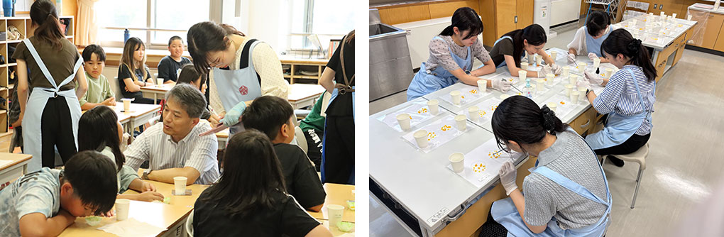 左）咀嚼能力測定の様子/右）咀嚼後のグミゼリーを整える学生