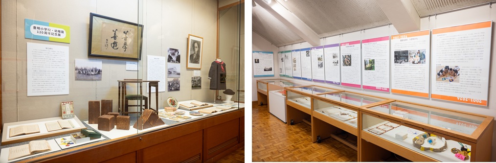 （写真左）大型積み木や机が置かれたメインの展示エリア（写真右）壁面に学生の制作した展示パネルが並ぶ