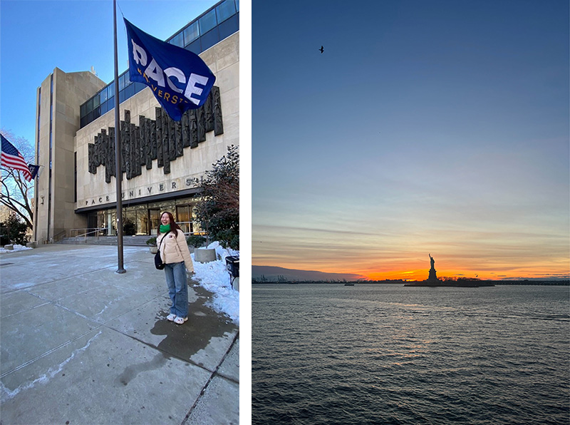 写真左から　ペース大学前で／自由の女神像と海。ニューヨークは最高に楽しくて、「帰りたくない」と友人と話していたそう