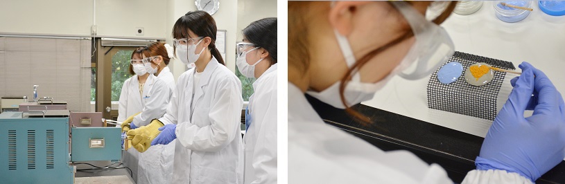 写真左から 電気炉は取っ手まで高温になるため手袋などの対策が必須/釉薬を重ね塗りし、都度焼成することで色とりどりの作品ができる